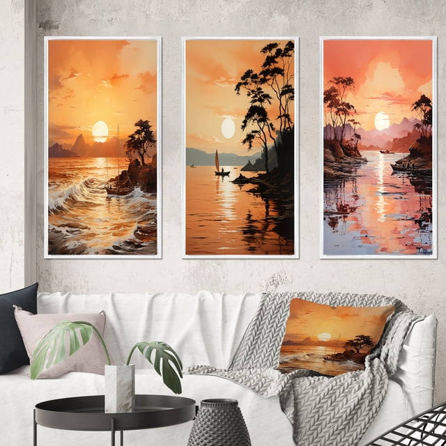 Designart "Golden Sunrise formd III" Nautical & Beach Framed Wall Art Set Of 3 - Yellow Sunrisesunset Frame Canvas Set For Living Room Decor