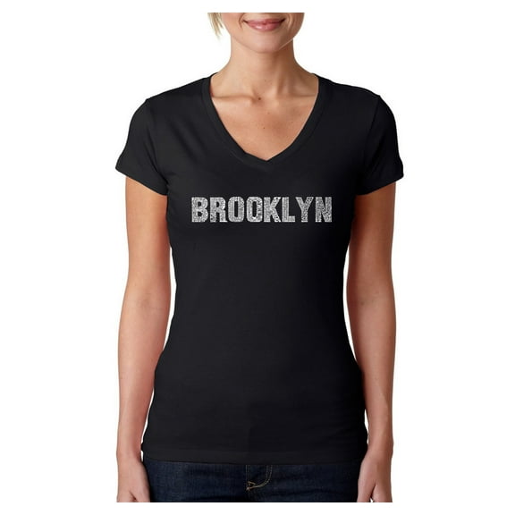 LA Pop Art Women's Word Art V-Neck T-Shirt - BROOKLYN NEIGHBORHOODS