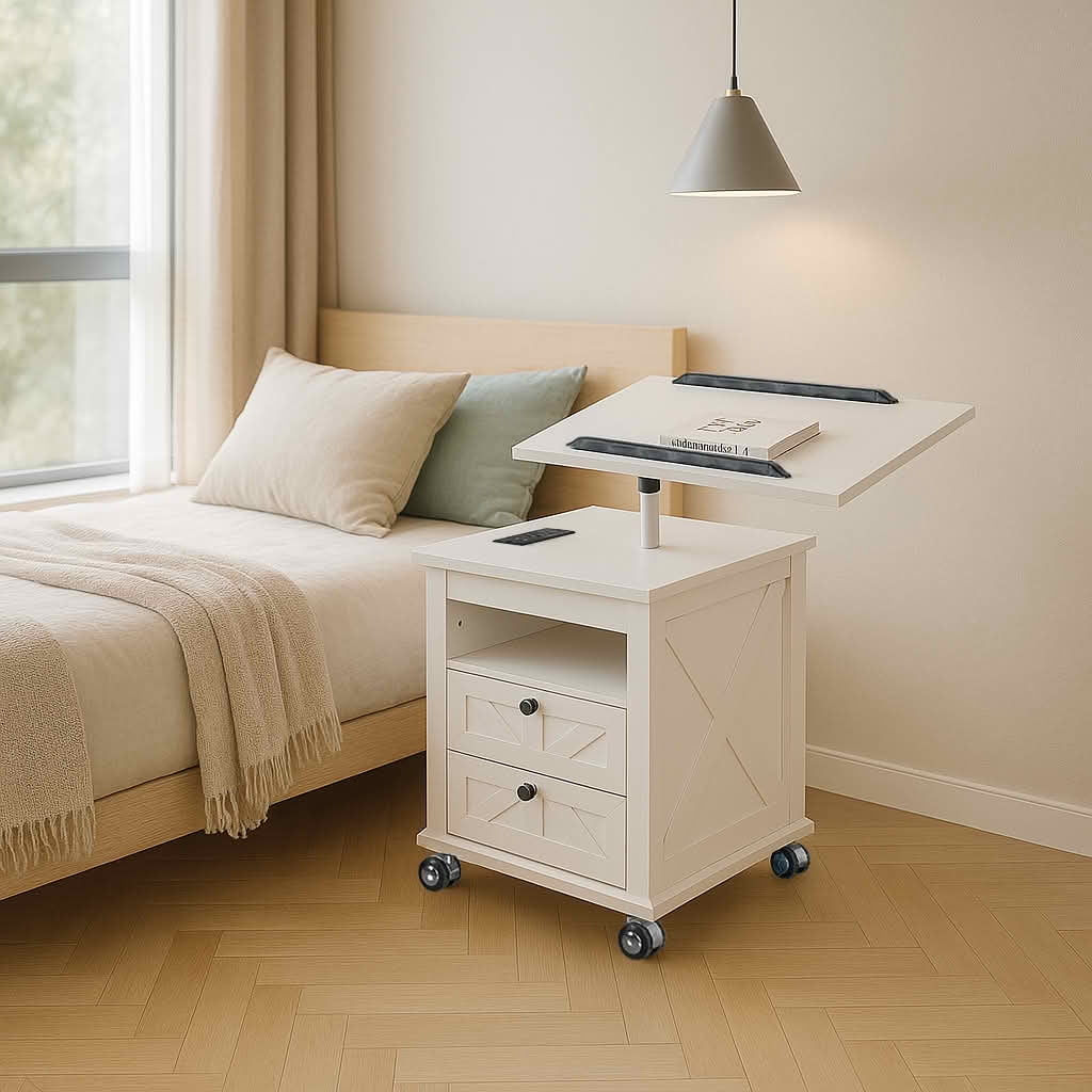 MAYEERTY White Nightstand with Lockable Wheels, Multiple Storage Drawers USB Port for Living Room