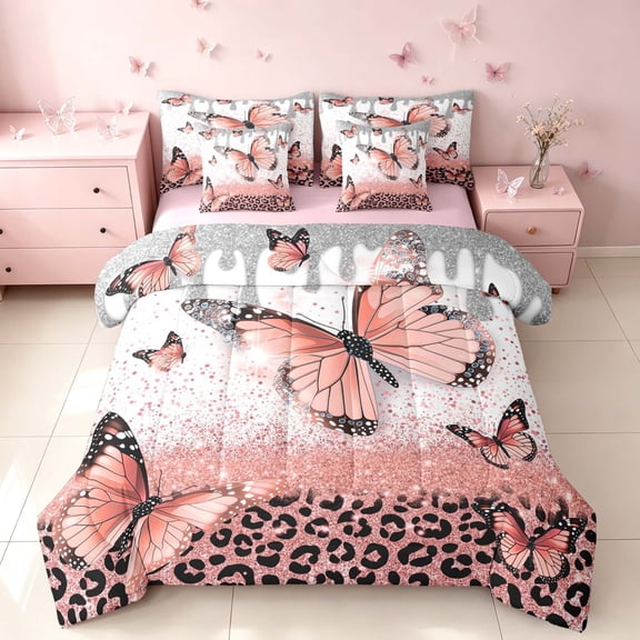 Homewish Pink Butterfly Twin Bedding for Girls, Glitter Leopard Print Bedding Comforter Set, Pink Reversible, 7-Piece