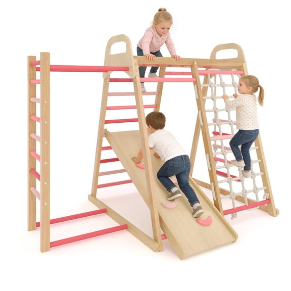 7-in-1 Wooden Indoor Jungle Gym for Toddlers – Multi-Activity Climbing Playset with Slide, Swing, Sensory Integration – Sturdy Indoor Playground Frame, Colorful Design