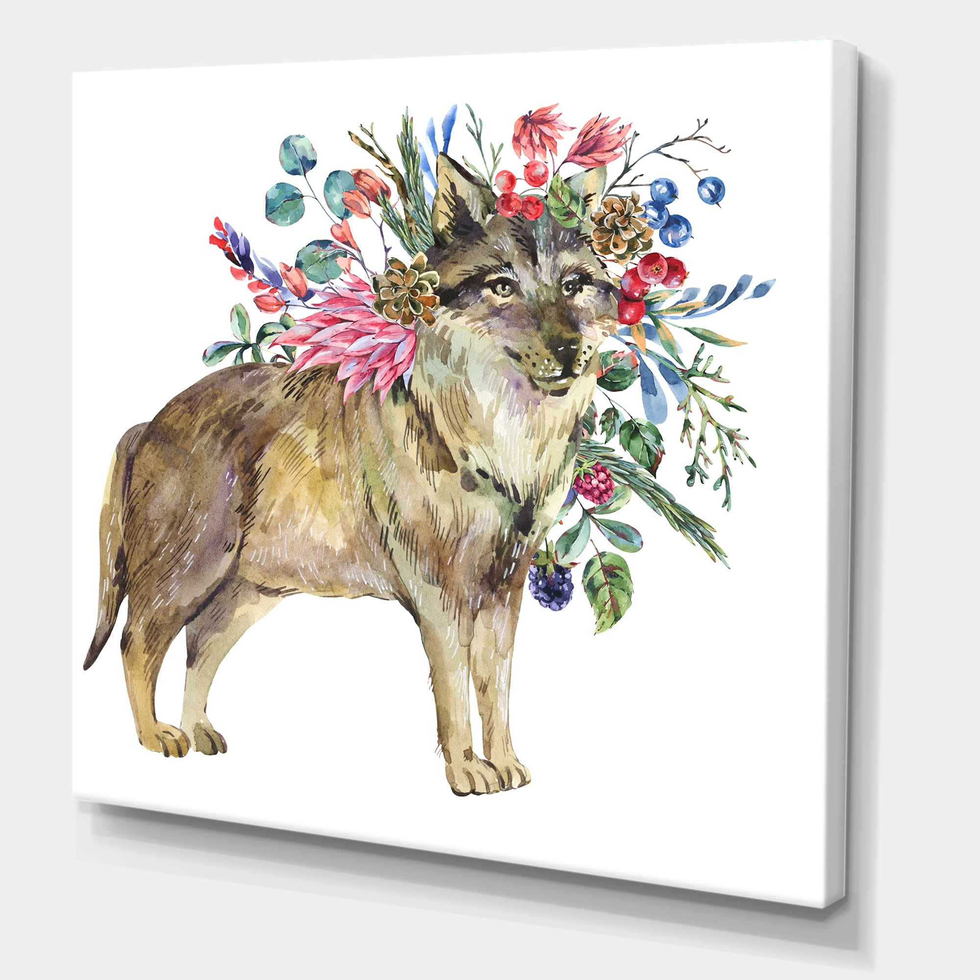 Wolf With Woodland Flowers On White 16 in x 16 in Painting Canvas Art Print, by Designart