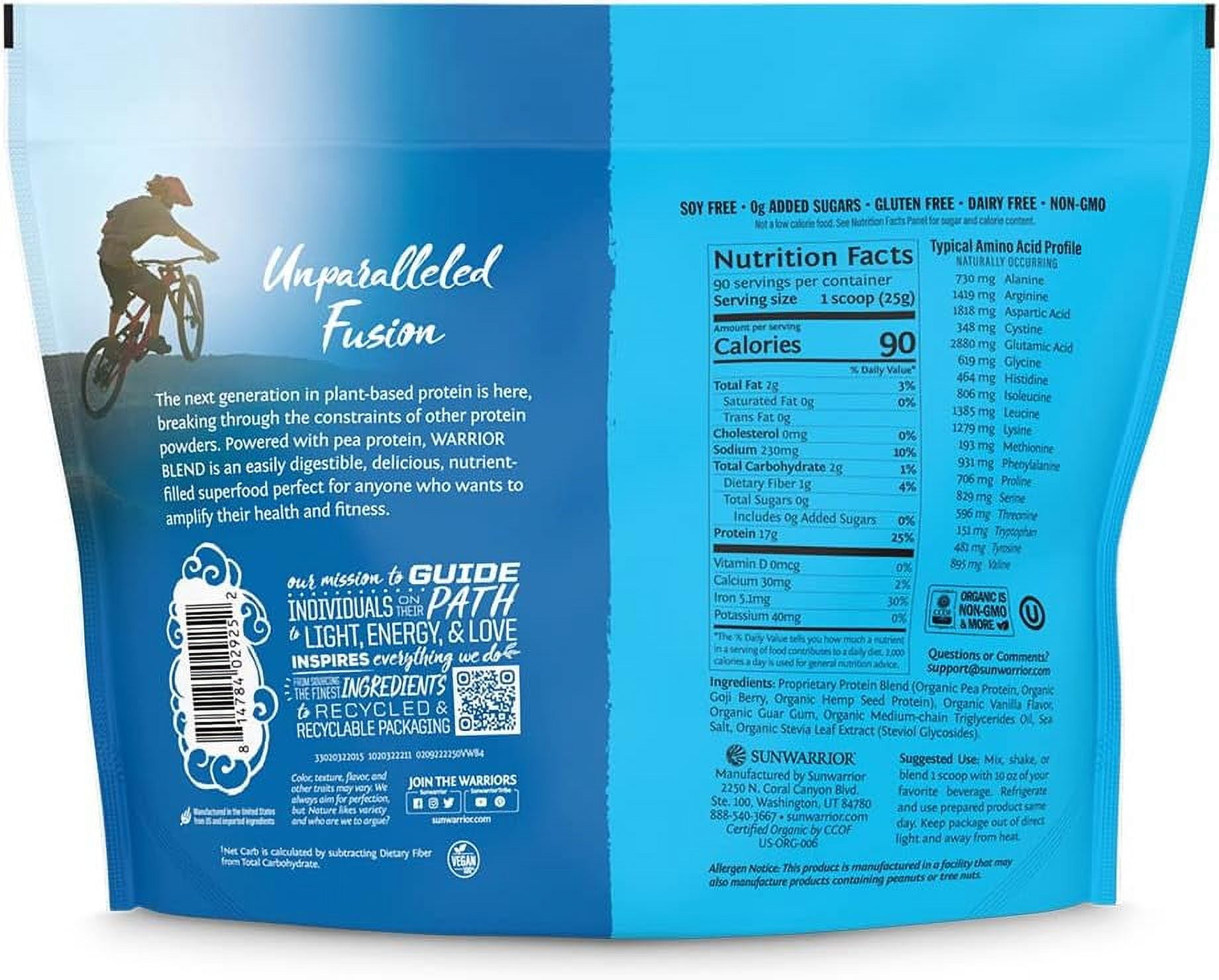 Sunwarrior Warrior Blend Vegan Protein Powder with BCAA Amino Acids, Vanilla, 4.96 Lbs (90 Servings)