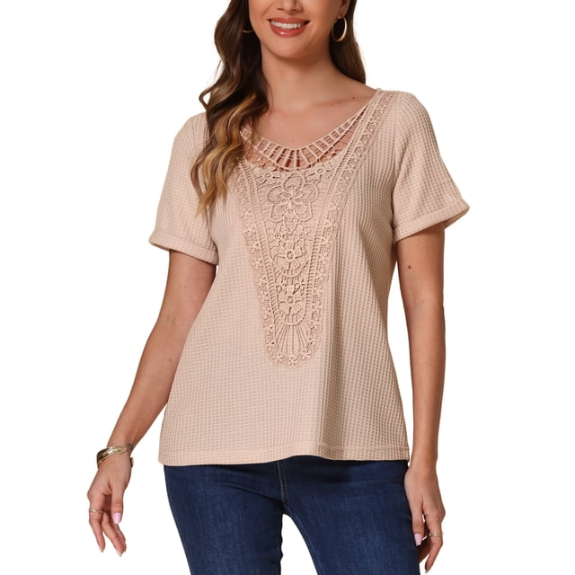 INSPIRAR CHIC Blusa de Verano Beige para Mujer con Cuello Redondo y Mangas Cortas Rizadas