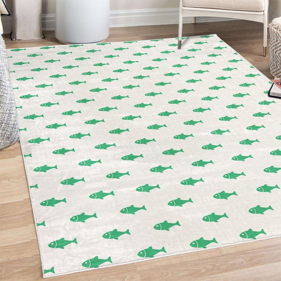 Ocean Decorative Rug, Hand Drawn Nautical Sketchy Sea Life Fish Whales Dolphins Artwork, Quality Carpet for Bedroom Dorm and Living Room, 6 Sizes, Fern Green, by Ambesonne
