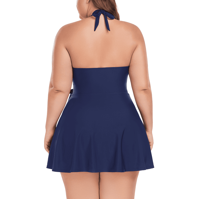 plus size halter swim dress Black Yellow Vertical Stripe One Piece Dress, Cross Neck Hollow Out Side Ruched Cover Up Beach Bathing Suit EASY CARE Women's Plus Size 1 Piece
