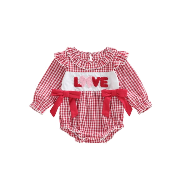 BemeyourBBs Newborn Baby Girl Valentines Day Outfit Gingham Plaid Bubbel Rompers Puff Long Sleeve Letters Embroidery Bow Decor Bubble Bodysuit Infant Spring Clothes