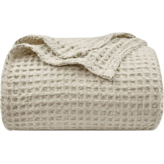 PHF Ultra Soft Waffle Weave Blanket Queen Size, Washed Lightweight Summer Breathable Blankets for Hot Sleeper, Linen, 90x90 inches