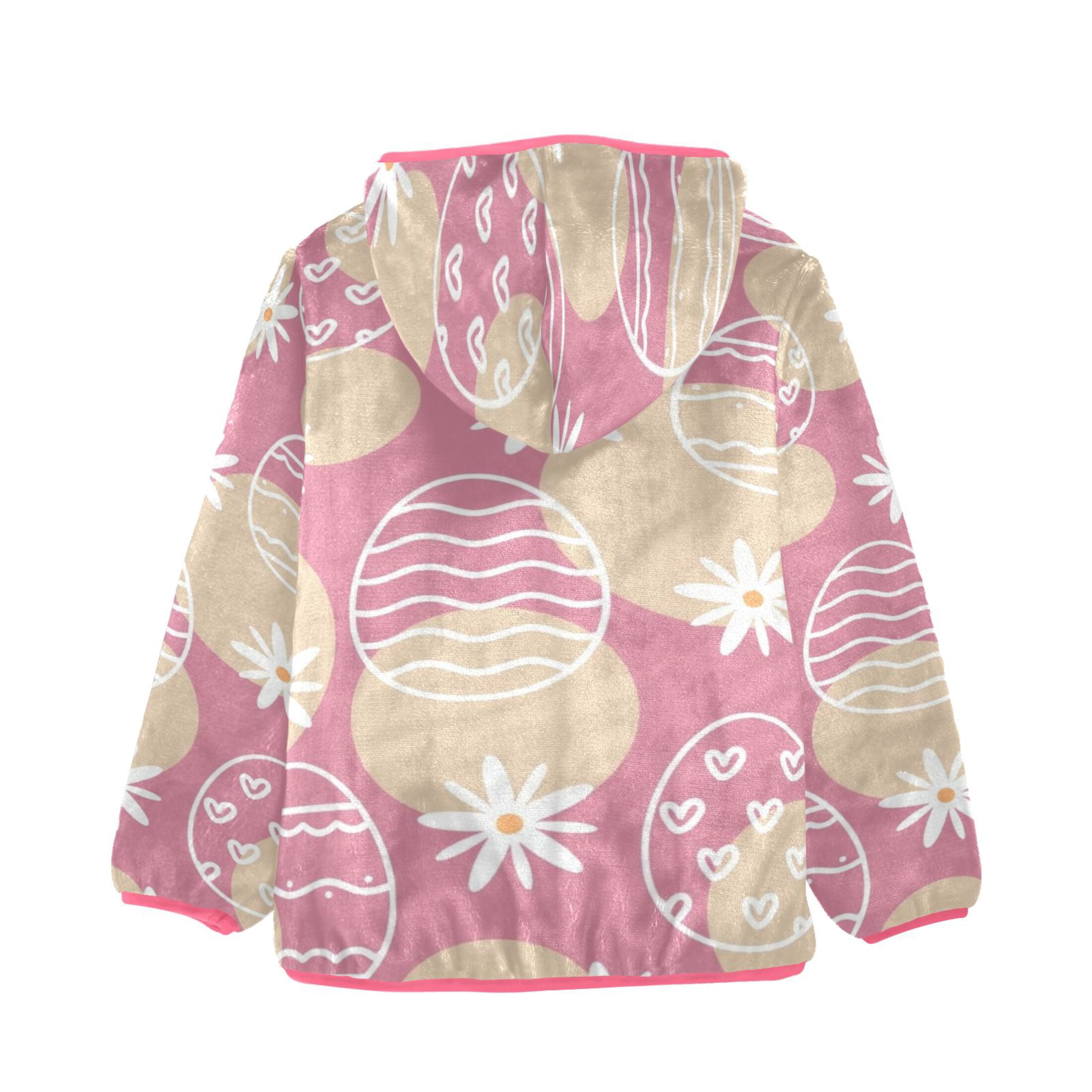 BZSMCE Double-Sided Sherpa Fleece Hooded Zipper Jacket Pink Pastel Easter Whimsy Print Warm Outerwear
