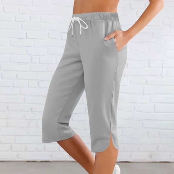 Kinrui Womens Plus Size Knee Pants Slit Hem Capris Casual Elastic Waist Drawstring Summer Crop Trousers Gray 3XL