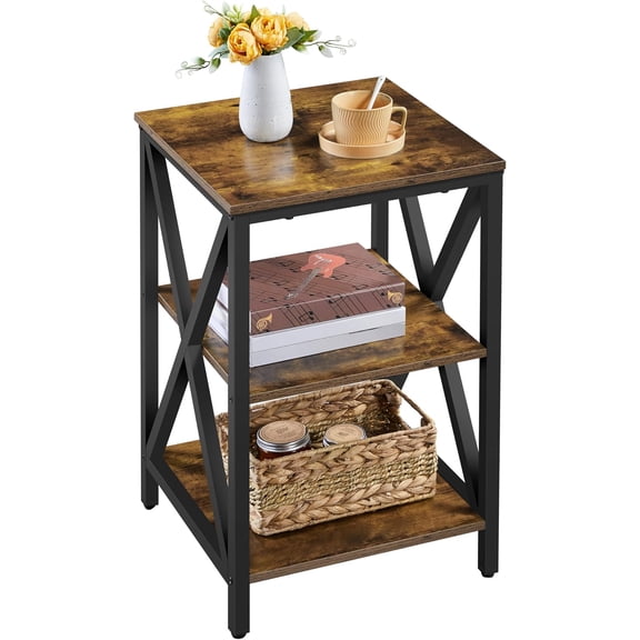 JessieMal Industrial End Tables, 3-Tier Side Tables with Storage Shelves for Living Room, X Design Sofa Tables, Strong Metal Frame, Easy Assembly, Rustic Brown