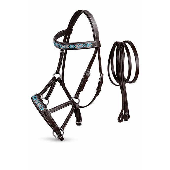 Horse Western Leather Tack Beaded Bitless Sidepull Bridle Reins Brown 77RS20BR