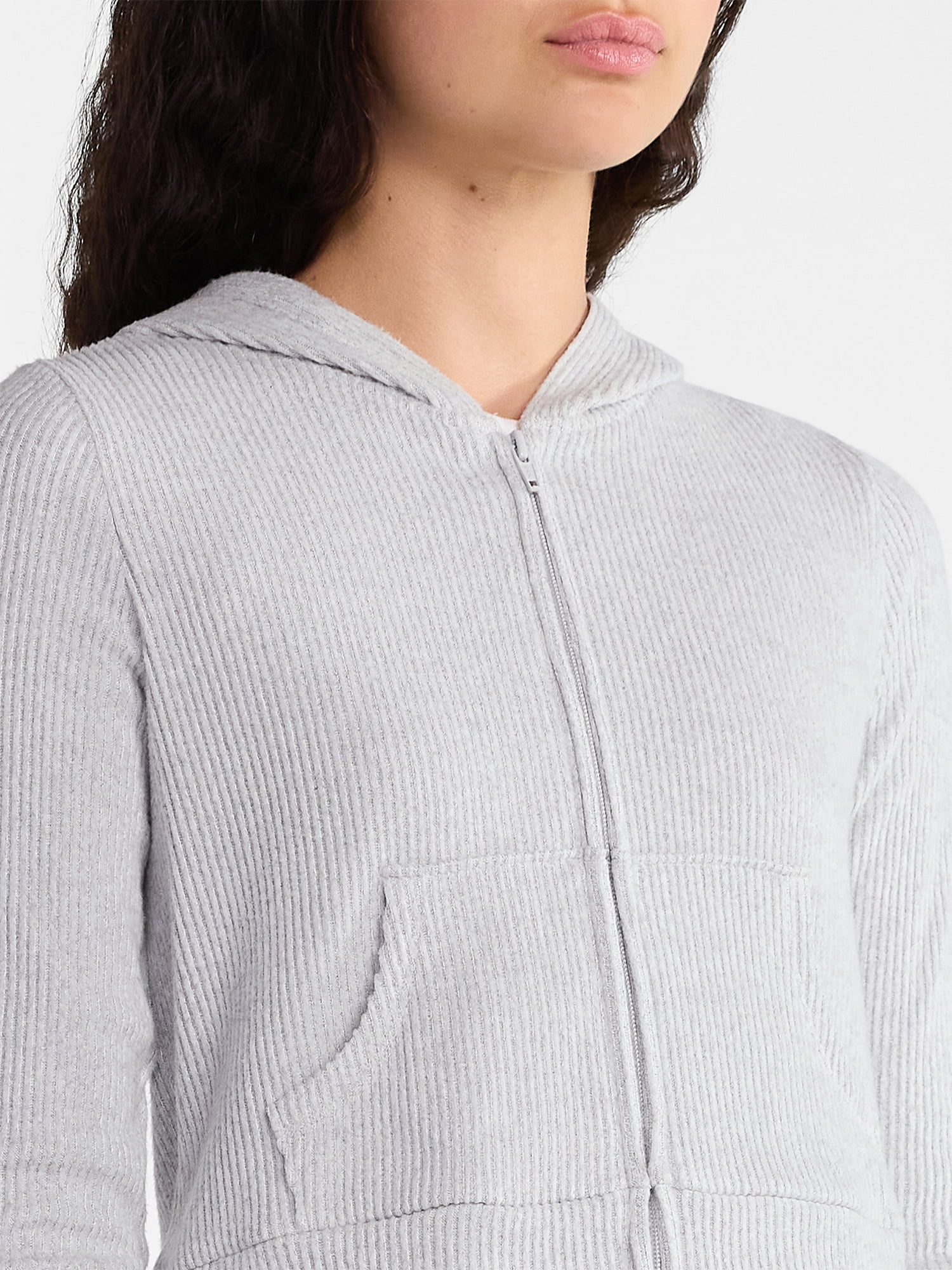 No Boundaries Brushed Ribbed Zip-Up Hoodie and Flare Pants Set, 2-Piece, Women's