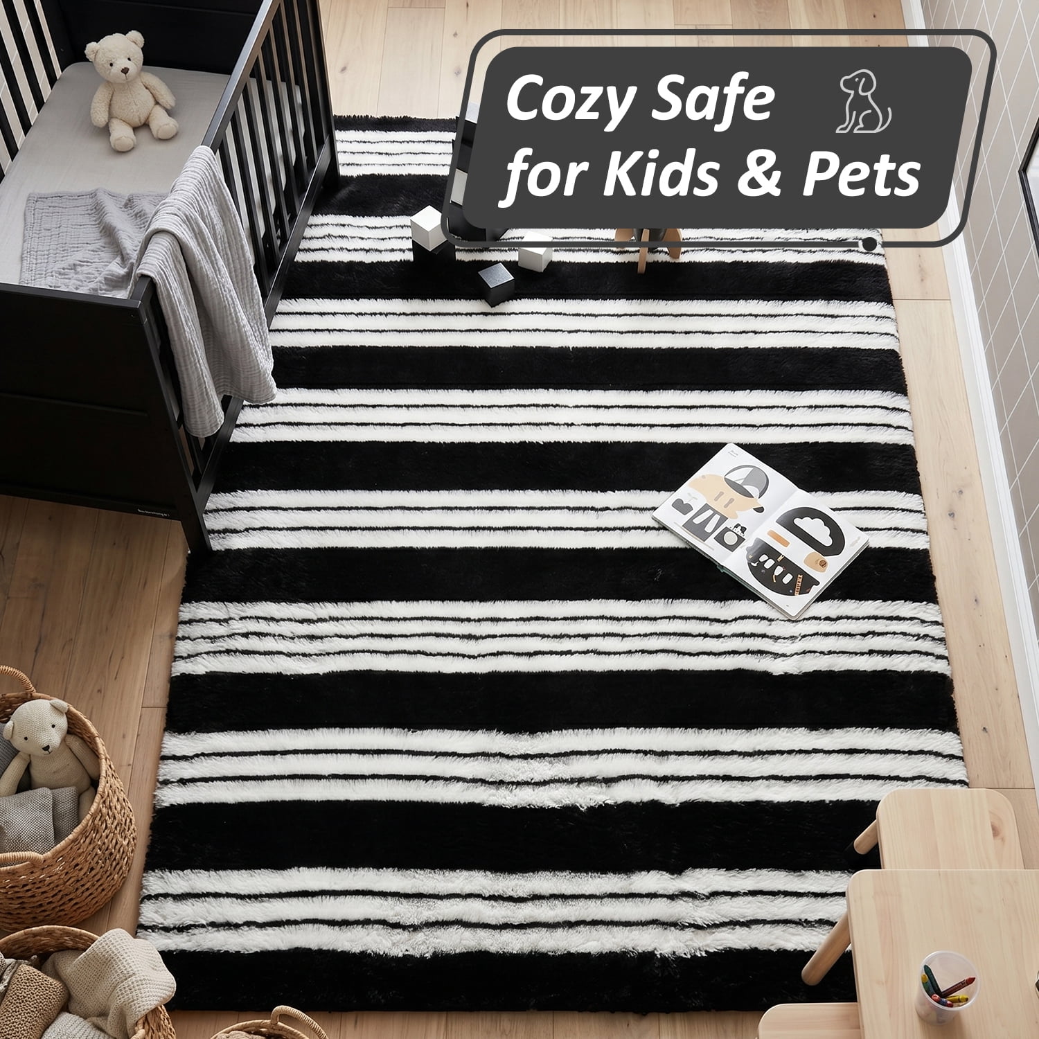 Pentantan 5ft x 8ft Shag Area Rugs for Living Room, Modern Stripe Fluffy Bedroom Carpet, Black & White