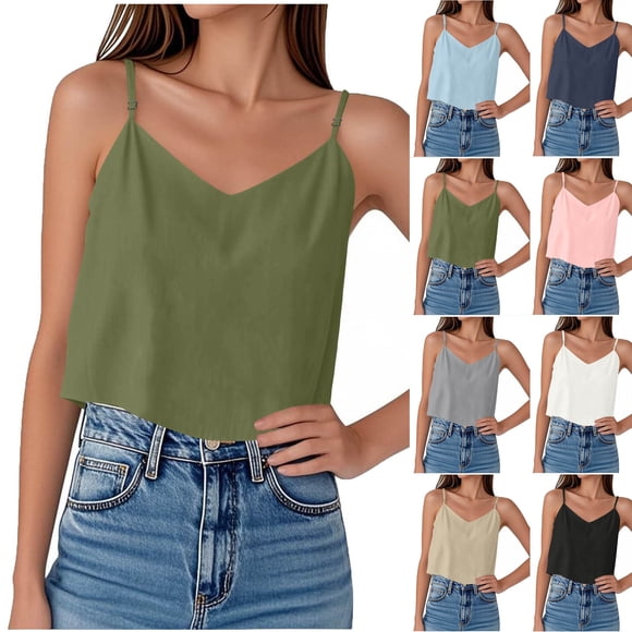 Tops para mujer,Blusa informal sin mangas con cuello en V para mujer, tirantes ajustables, poliéster liso, uso diario, sopatenor