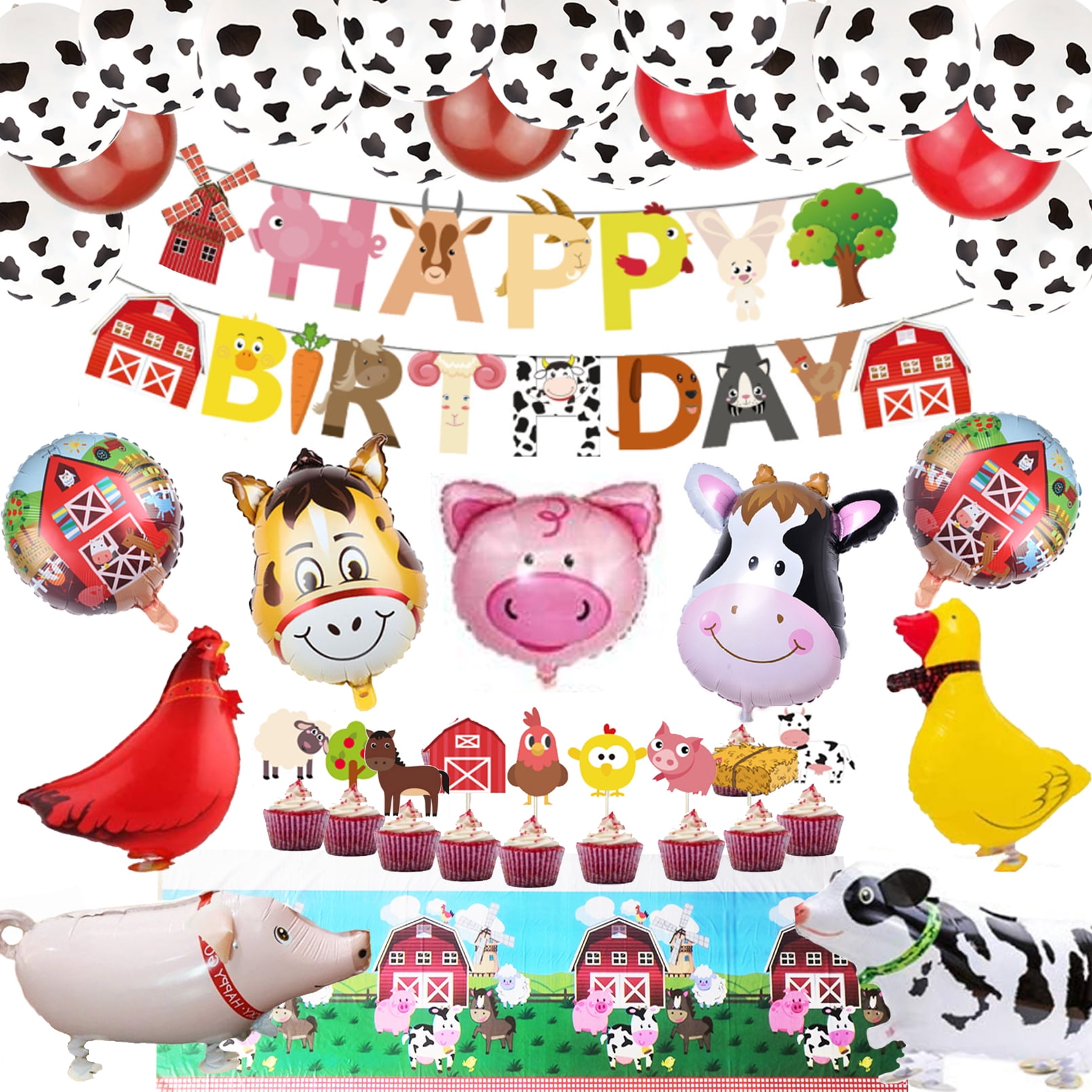 72Pcs Farm Birthday Party Supplies for Kids Barnyard Farm Animal Theme Party Decorations Animal Birthday Banner Farm Animal Walking Balloons Cow Print Balloons Pig Donkey Cake Toppers