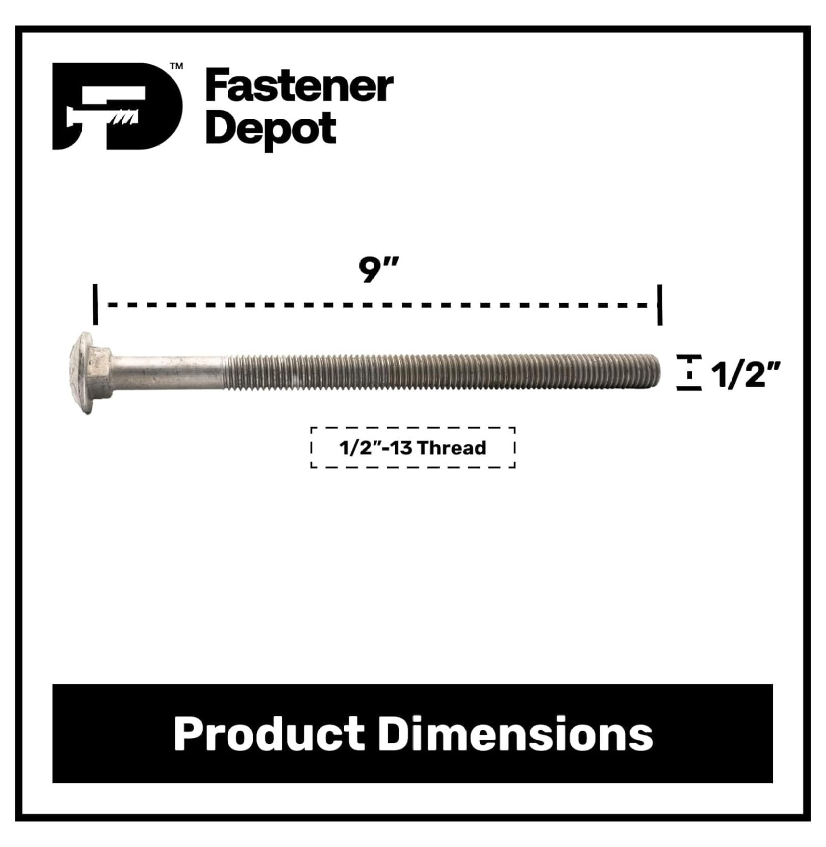 1/2inches-13 x 9inches Hot Dipped Galvanized Carriage Bolt w/Nuts & Flat Washers, Quantity 25 - by ,