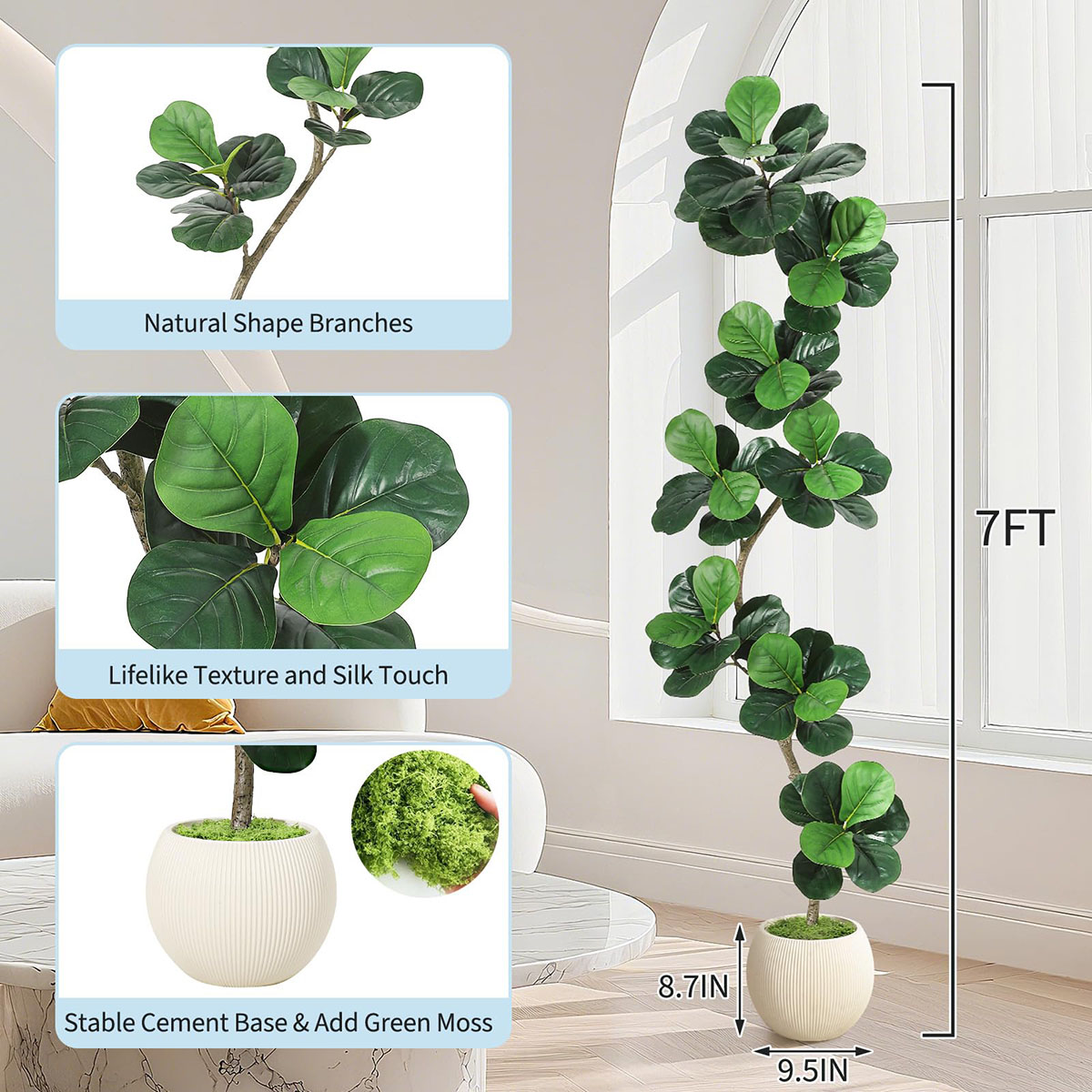 Ataucjin 5ft Fiddle Leaf Fig Artificial Tree, Faux Plants Indoor with Moss&White Planter, Fake Rubber Tall Fake Floor Plant in Pot,Artificial Trees for Home Office Living Room Decor