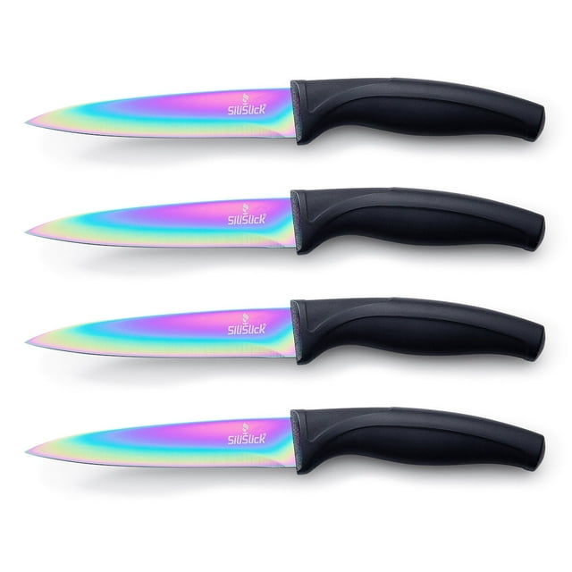 SiliSlick Juego de Cuchillos para Carne - Cuchillos de Acero Inoxidable con Revestimiento de Titanio Iridiscente/arcoíris - 5 Pulgadas / 12,7 Cm - (4 Negros)