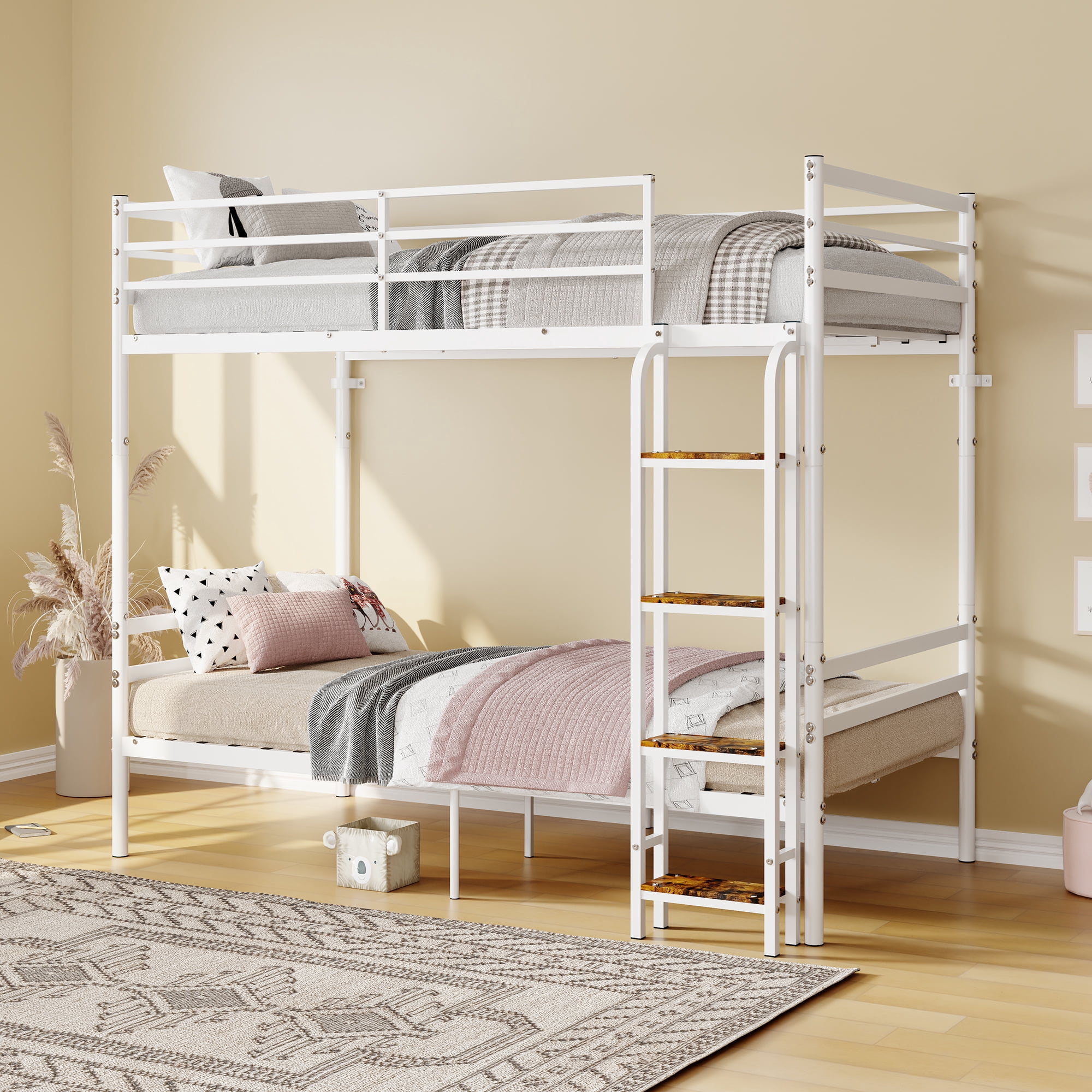 Leumius Bunk Beds Twin Over Twin,Heavy-Duty Bunk Bed with Safety Guardrail & Ladder,Metal Slats Support,No Box Spring Needed,White