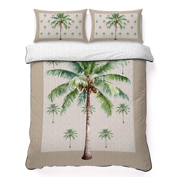 Quilts Twin Size Bedding Set, Tropical Palm Trees Lightweight Quilted Comforter, Sumemr Beach Coastal Botanical Brown Soft Reversible Bedspread Coverlet with Pillow Covers for All Season, 68" x 86"