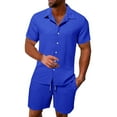 thumbnail image 2 of Pxiakgy Men'S Summer Breathable Two Piece Wrinkled Shirt Shorts Set Men'S Textured Beach Suit Blue + XXL, 2 of 5