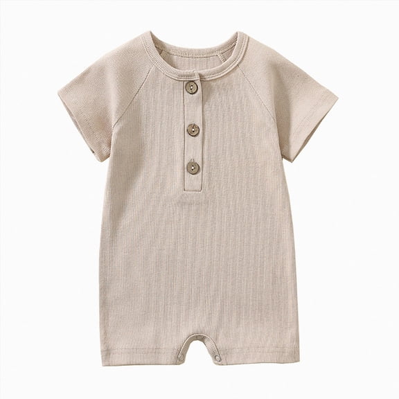 Xyant Newborn Baby Boy Short Sleeve Romper Jumpsuit Ribbed Onesie Neutral Outfit Summer Clothes 0 3 6 9 12 Months Outfit (Beige,3-6 Months)