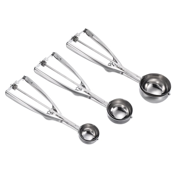 Uxcell Juego de cucharas para helado, 3 piezas de 1 oz/2 oz/3 oz, cuchara de acero inoxidable con gatillo, plateado