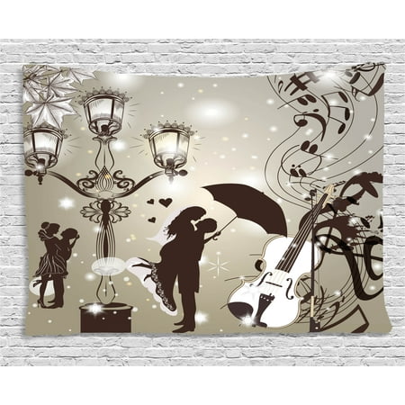 Romantic Tapestry, Kissing Couples on Street with Lanterns Violin Music Notes Love Theme Graphic, Wall Hanging for Bedroom Living Room Dorm Decor, 80W X 60L Inches, Dust Dark Taupe, by Ambesonne