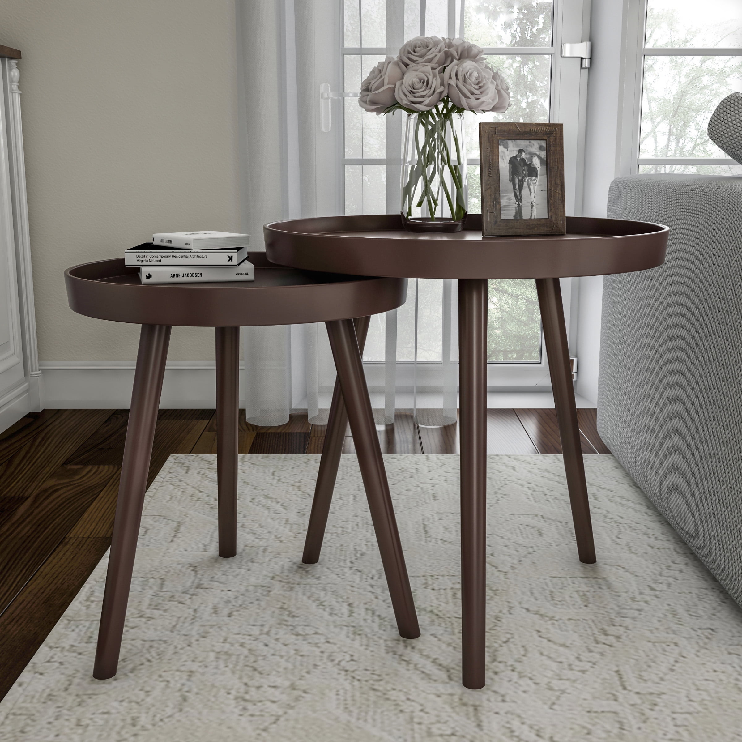 Nesting End Tables Set Of 2 Round Mid Century Modern Accent Table With Tray Top In Brown Side Table For Bedroom