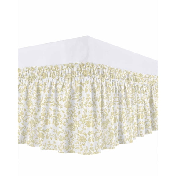 Pastoral Flowers Bed Skirt California King Size 16 Inch Drop, Vintage Yellow Flower Farmhouse Plant Adjustable Elastic Dust Ruffles Bedskirt Wrap Around Pleated Mattress Frame Cover