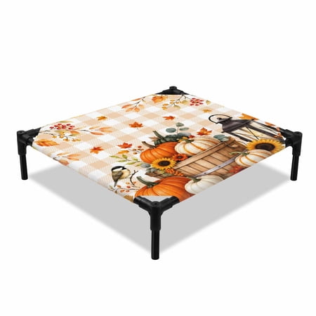 Thanksgiving Pumpkin Elevated Dog Bed Fall Harvest Sunflower Maple Leaves Orange Plaid Cooling Breathable Outdoor Raised Dog Cot Bed with Metal Frame Non-Slip Feet for Small Dog 20x20in