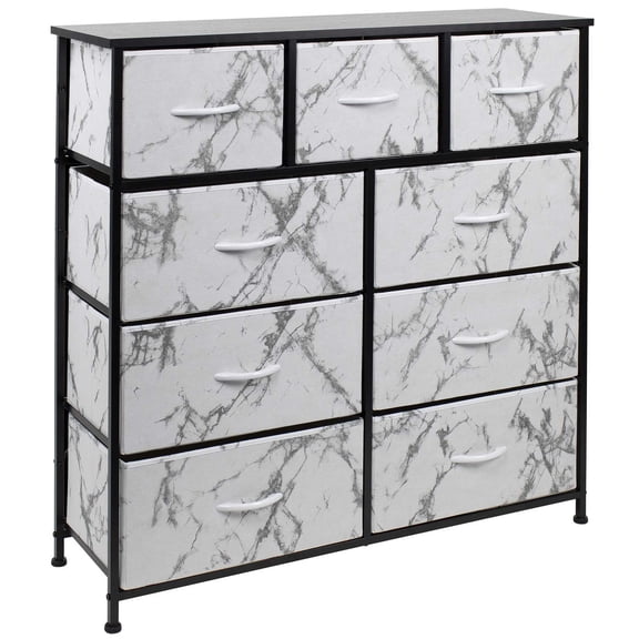 Sorbus Dresser with 9 Drawers- Black Frame, White Marble Drawers