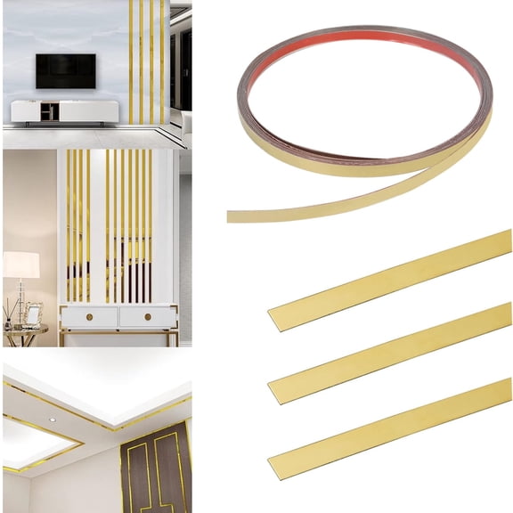 Stainless Steel Wall Tape,Metal Trim Self Adhesive Wallpaper,16.4 Ft Strip Metalized Mirror-Like Finish,Gold Wall Trim Molding with Flexible Mirror Edging