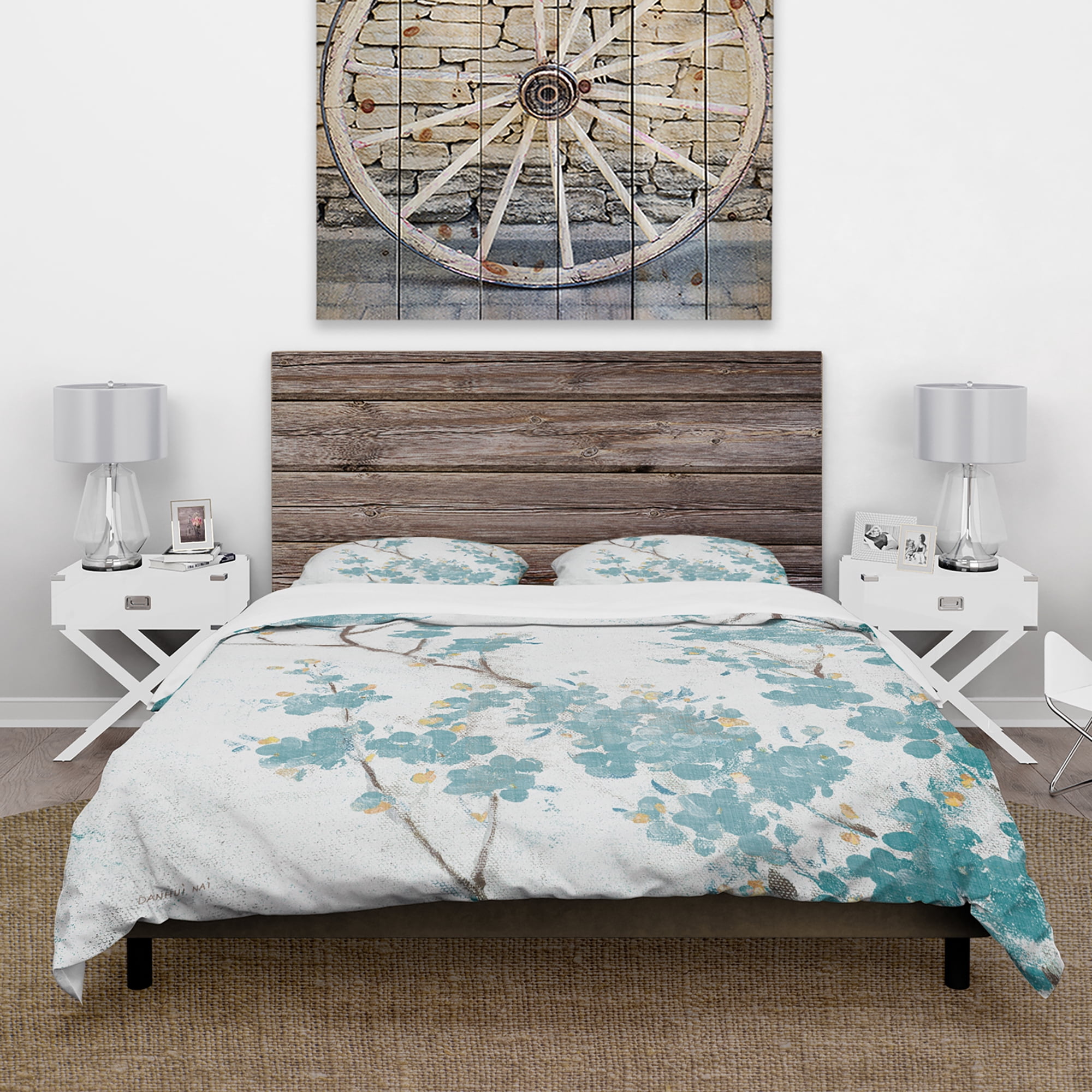 Designart 'Teal Cherry Blossoms II' Farmhouse Duvet Cover Set