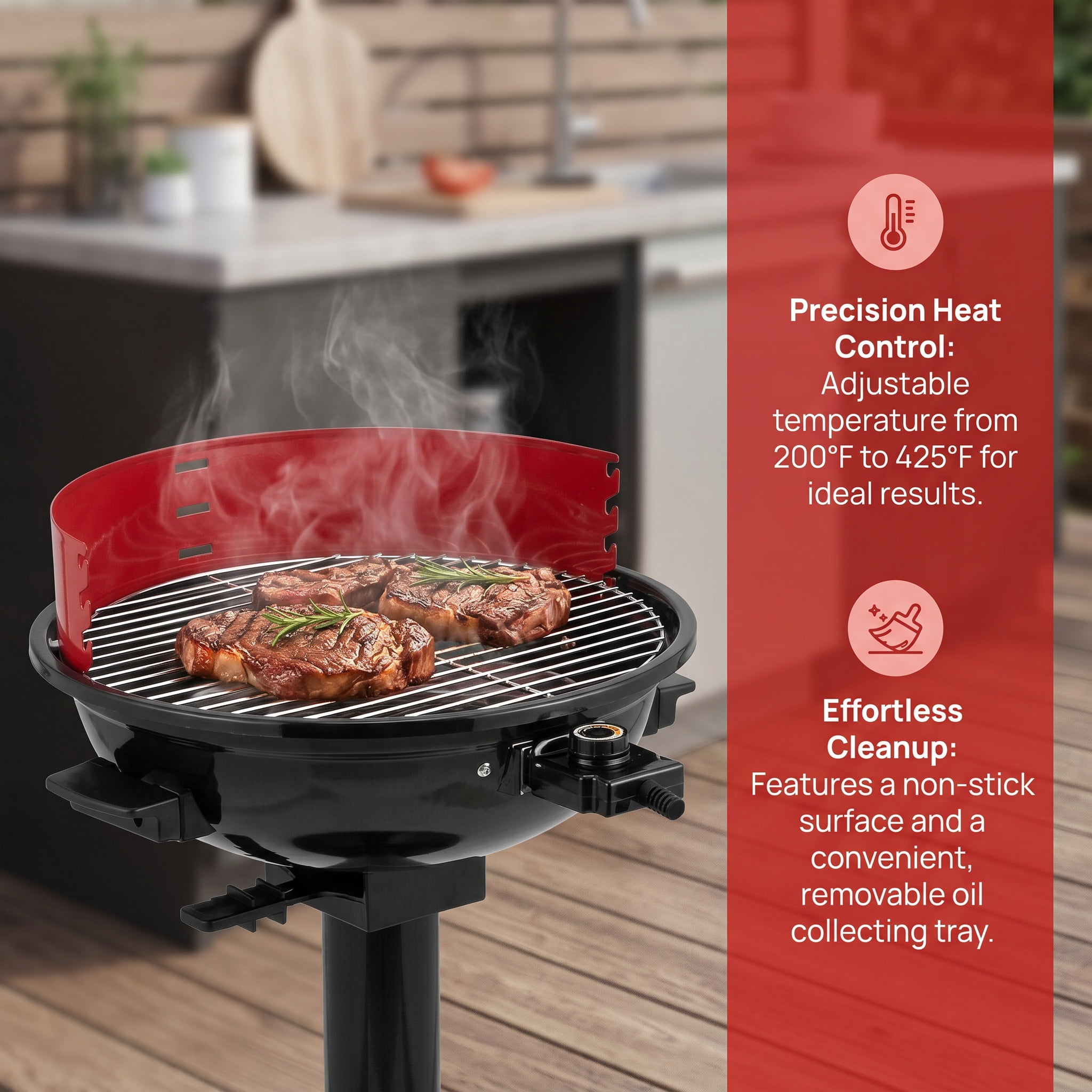 Resenkos Outdoor Patio Barbecue Cooker, Outdoor Grills,1600W Electric BBQ Grill with Removable Non-Stick Warming Rack-Red