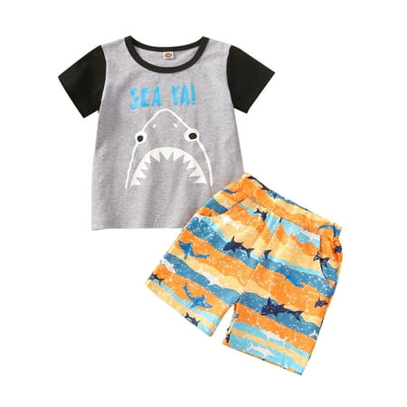 

Musuos Children Summer Tracksuits Boys Cartoon Shark T-Shirt + Stripe Shorts