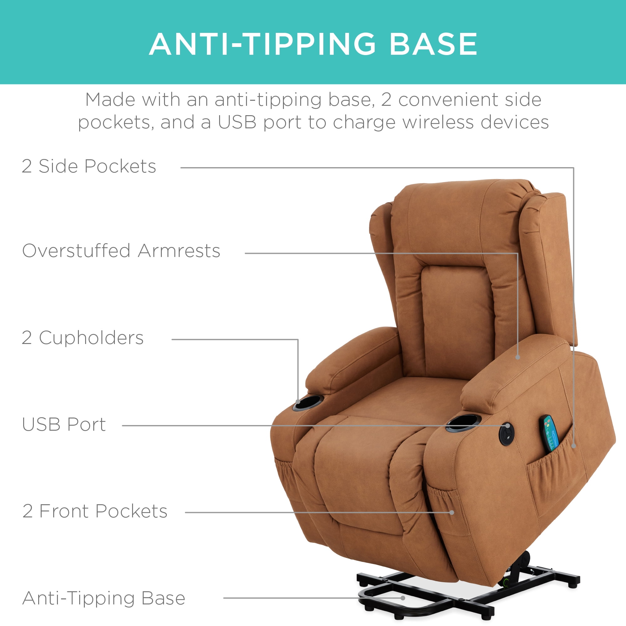 Best Choice Products Electric Power Lift Recliner Massage Chair Furniture w/ USB Port, Heat, Cupholders - Cognac