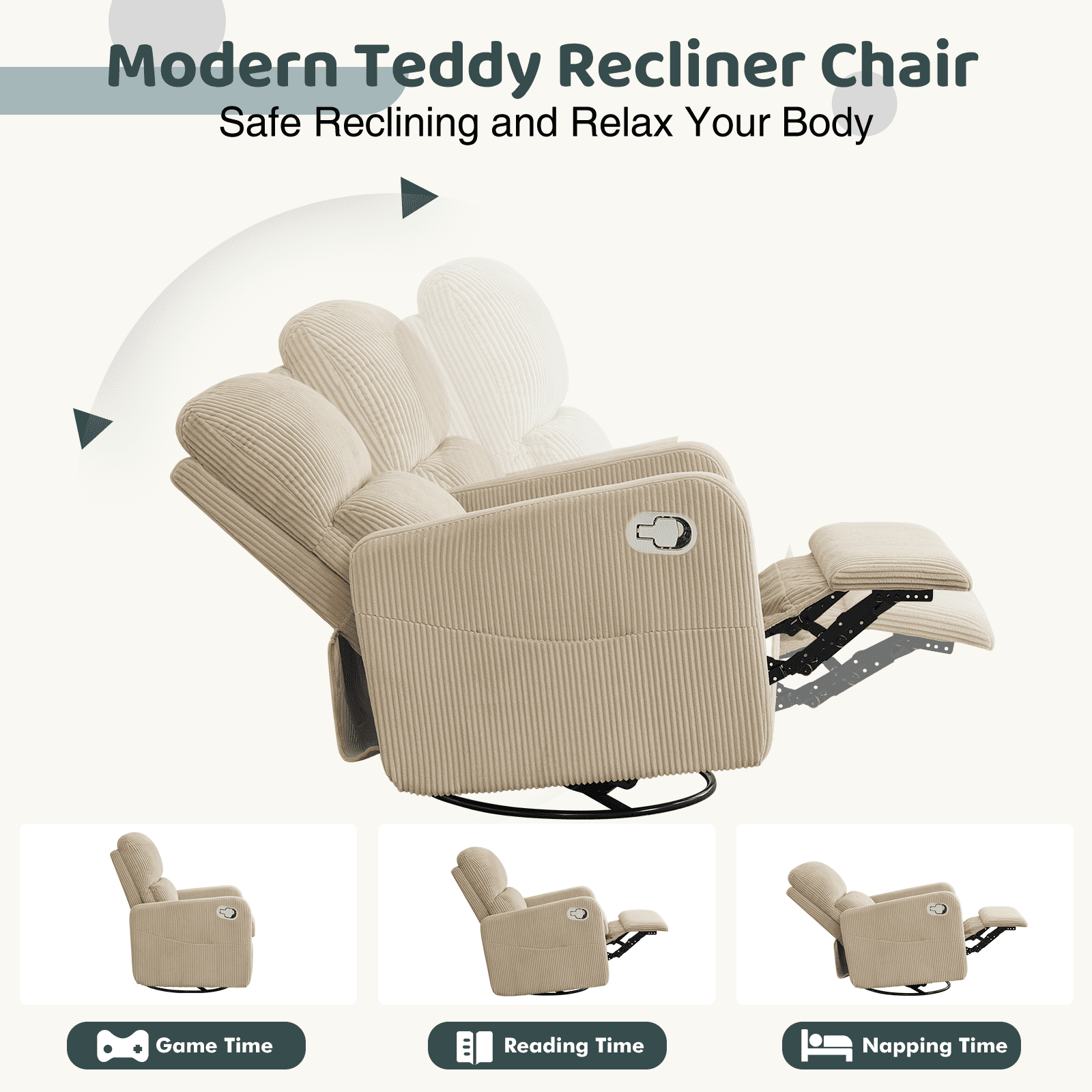 Aemeios Swivel Manual Recliner Chair Corduroy Fabric Nursery Glider Rocker Recliner, Camel