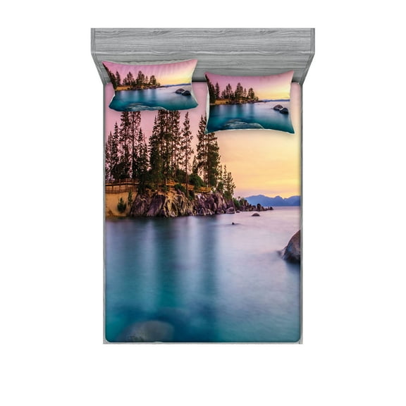 Ambesonne Nautical Fitted Sheet & Pillow Sham Set, Tranquil Serene View, Queen, Pink Blue