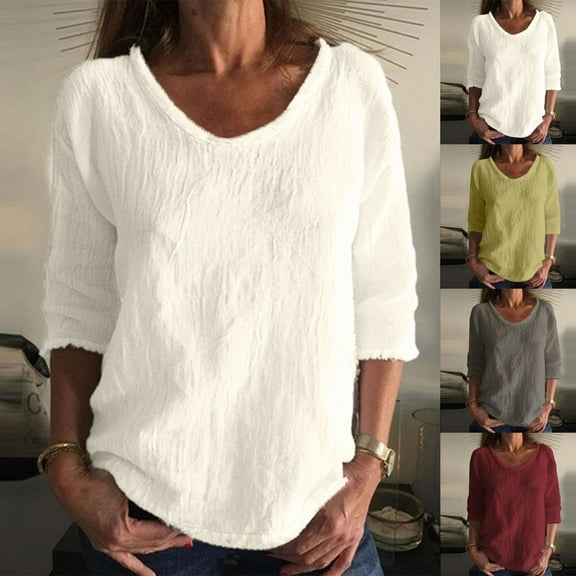 DDAPJ pyju 3/4 Sleeve Shirt for Women Cotton Linen T Shirts Loose Casual Round Neck Tunic Tops Lightweight Summer Blouse Tees Limited Time Sales Gray XXXL