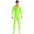 thumbnail image 3 of YONGHS Men's Shiny Glossy Long Sleeve Unitard Full Bodysuit Leotard Jumpsuit Halloween Zentai Fluorescent Green XL, 3 of 5