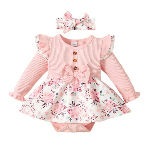 Kucnuzki Newborn Baby Girls Rompers Fall Round Neck Long Sleeves Floral Dress Romper with Headband 2pcs Baby Girls Bodysuits Autumn Pink 6-12 Months