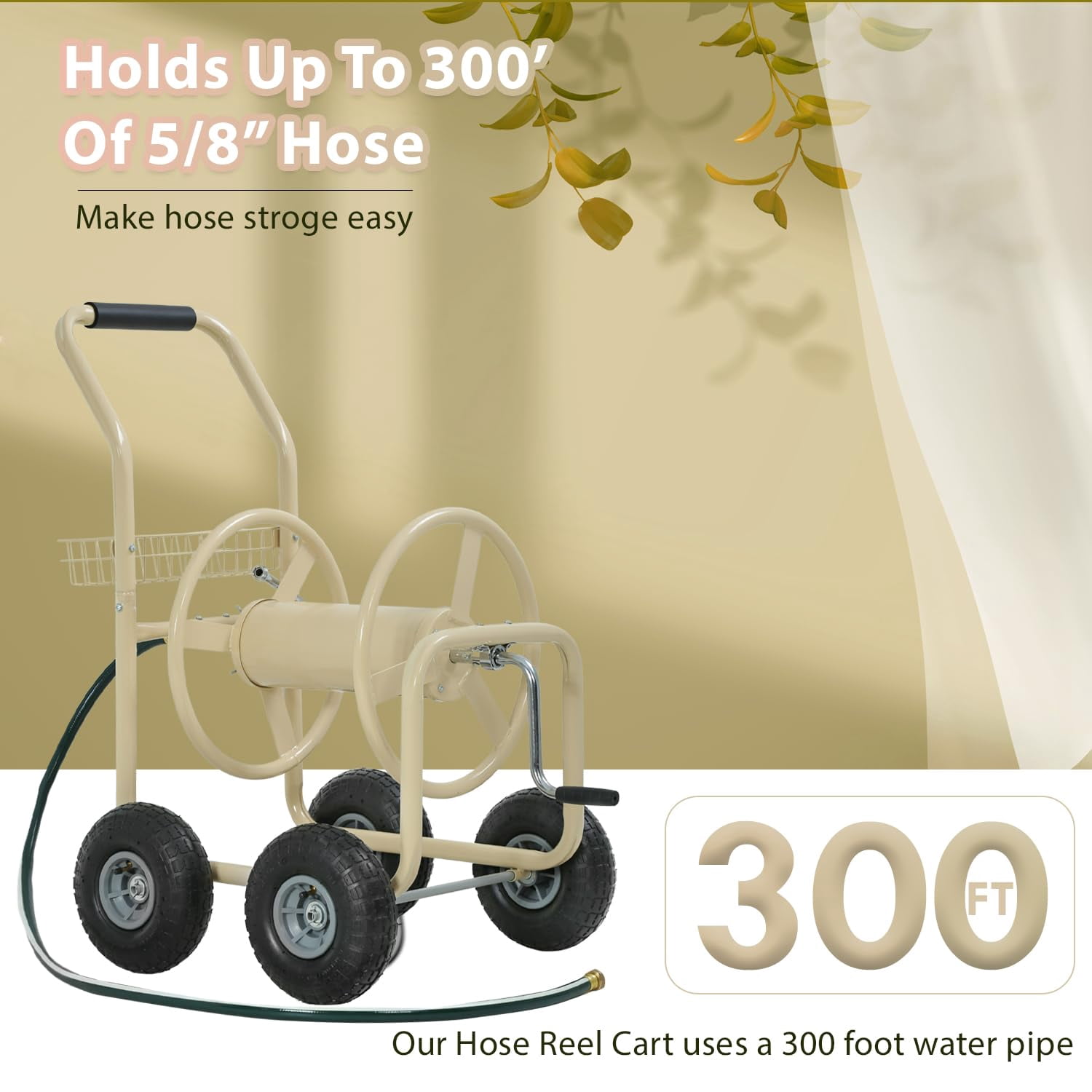 300ft Heavy Duty Hose Reel Cart - Steel Garden Water Hose Storage Cart with 8" Wheels, Foam Grip Handle, Outdoor Yard Hose Reel for Lawn & Garden (Tan)