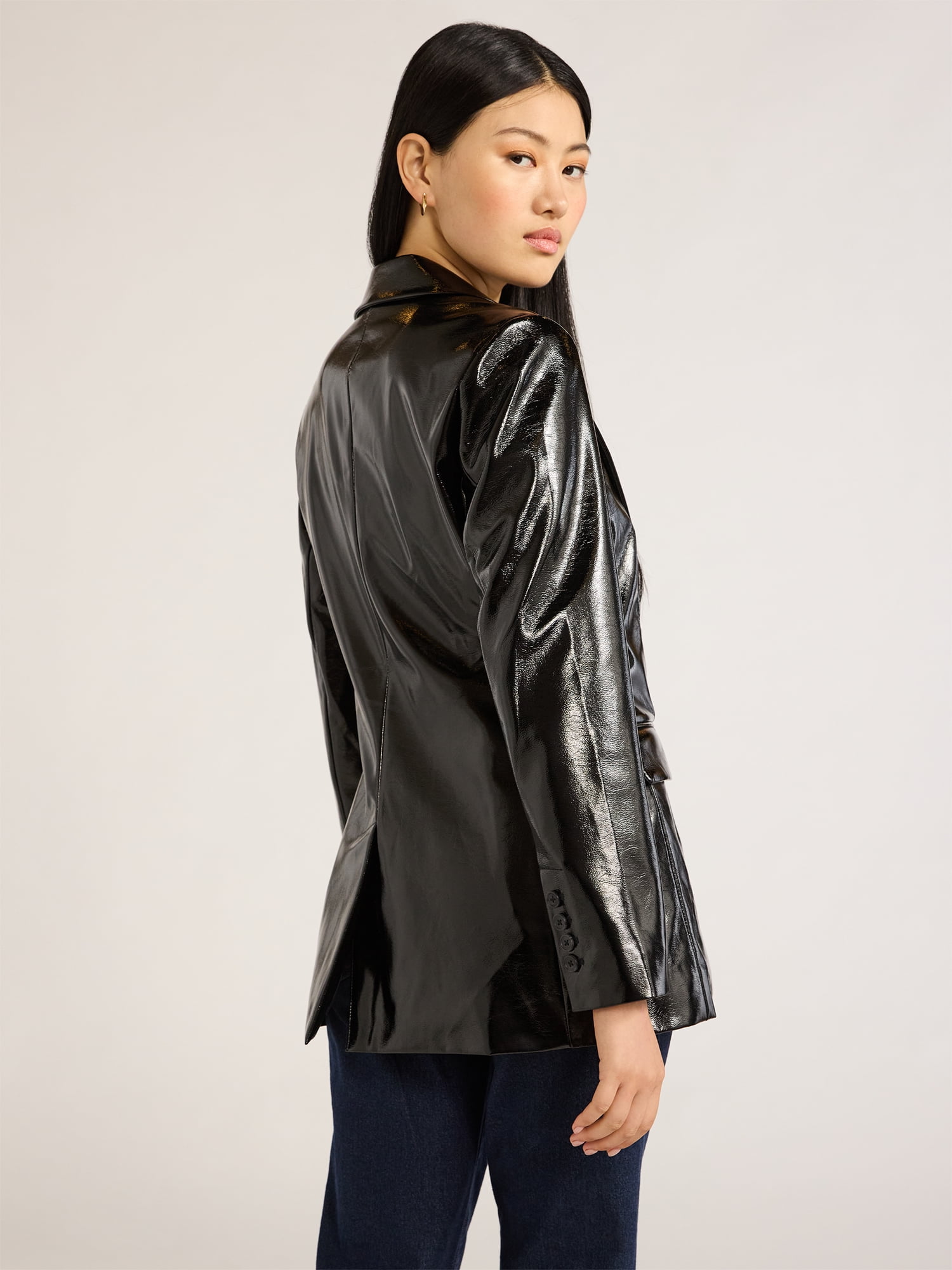 Scoop Women's Faux Patent Leather One Button Blazer, Sizes XS-XXL