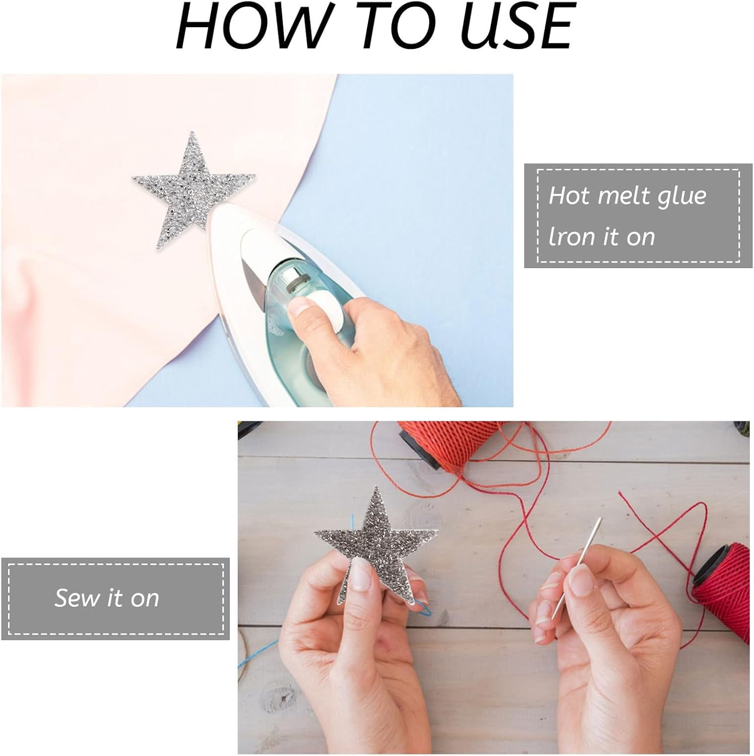 Star Iron on Patches, 32Pcs Five Pointed Star Hot Diamond Cloth Sticker Decorative Patches Clothing Jeans Shoes Hats Repair and Decoration DIY Craft