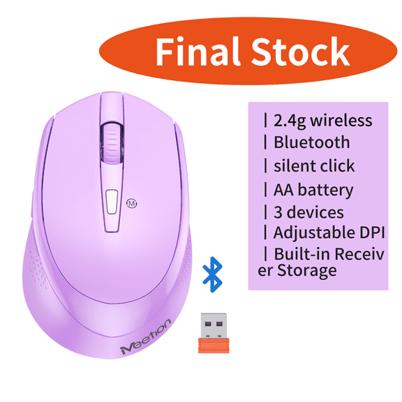 Meetion Purple Wireless Silent Mouse, Dual Mode (Bluetooth 5.1   2.4G USB), AA Battery Powered, Adjustable DPI