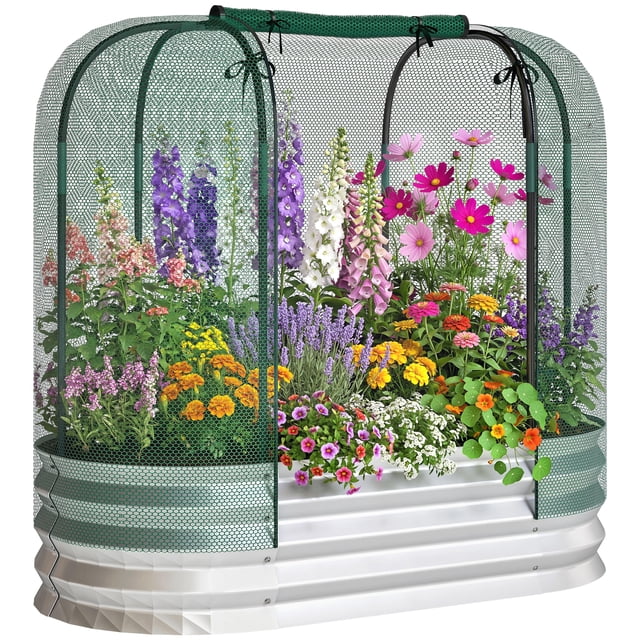 Outsunny Bac de Jardin Surélevé Galvanisé avec Cage de Culture, Jardinière en Métal