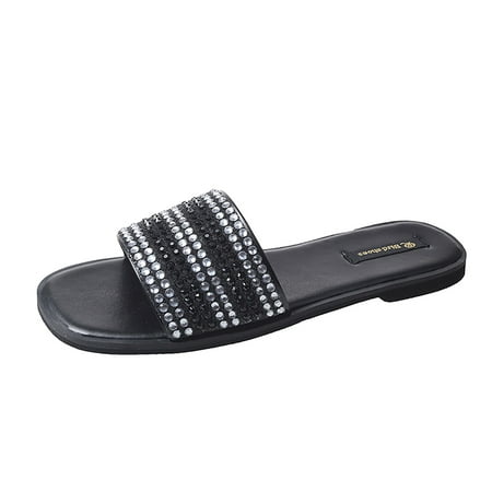 

uikmnh Women Slippers Flat Rhinestone Sandals Flip Flops Large Size Beach Shoes Slippers Black 8.5