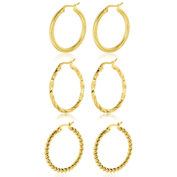 JeenMata Colección de 3 Pendientes de Aro con Textura en Paquete Múltiple Bañados en Oro Amarillo